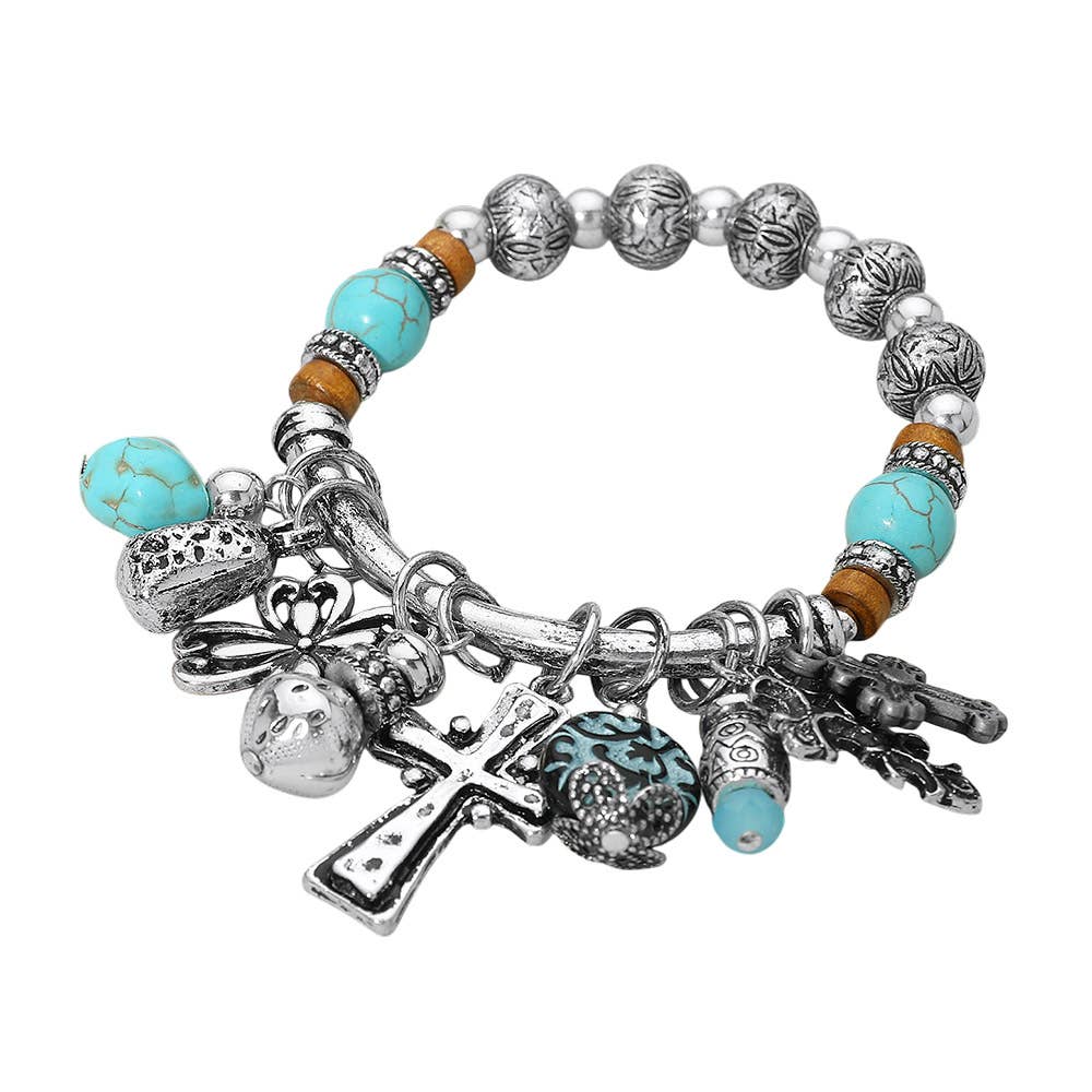 Boho Cross Decorative Beads Charm Beaded Stretch Bracelet: Three Tone