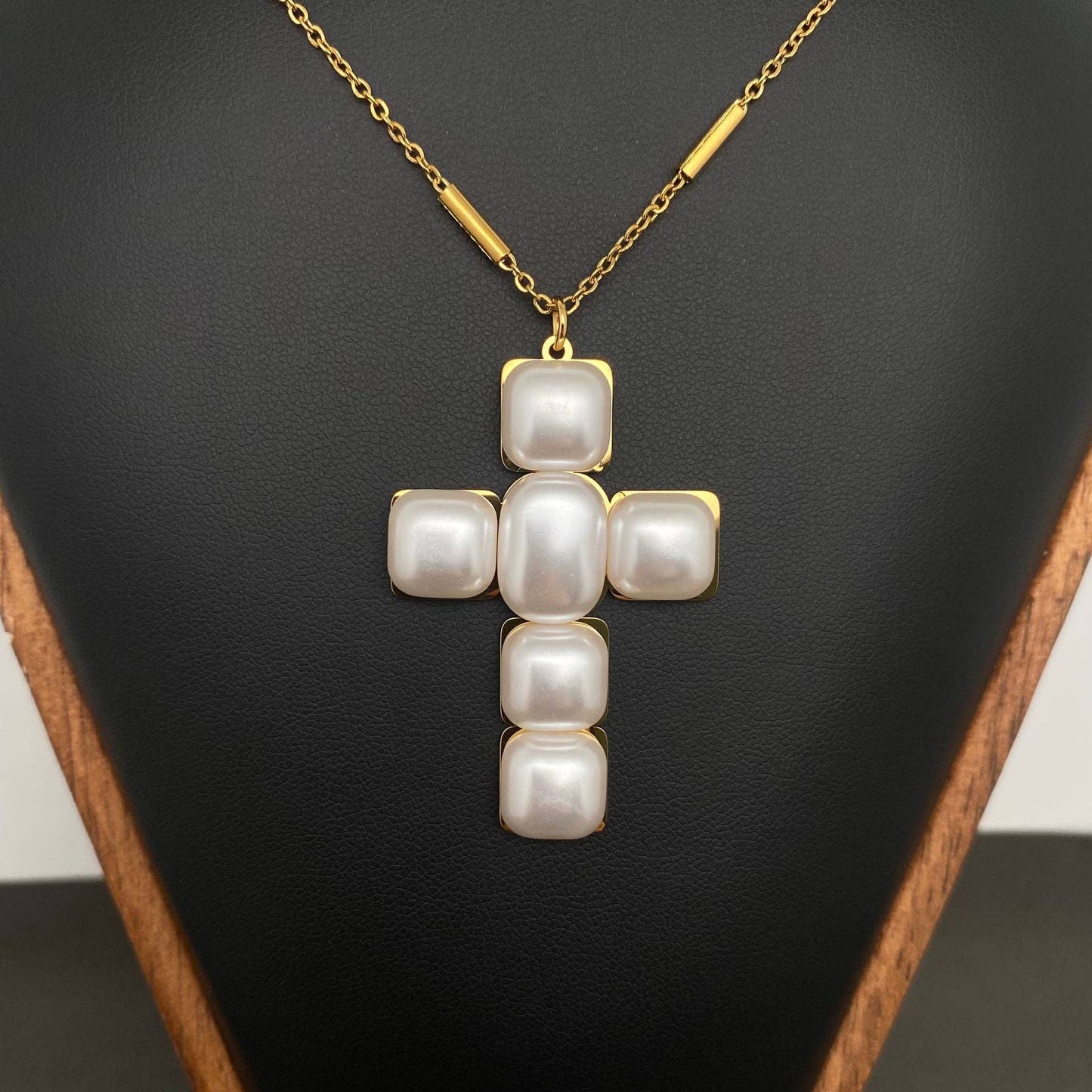 Pearl Cross Charm 18K Gold Plated S.Steel Necklace - FGS