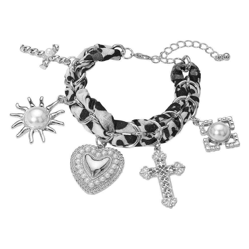 Bold Pearl Embellished Heart Cross Sunburst Charm Station Leopard Fabric Chain Bracelet: Black,Rhodium,White