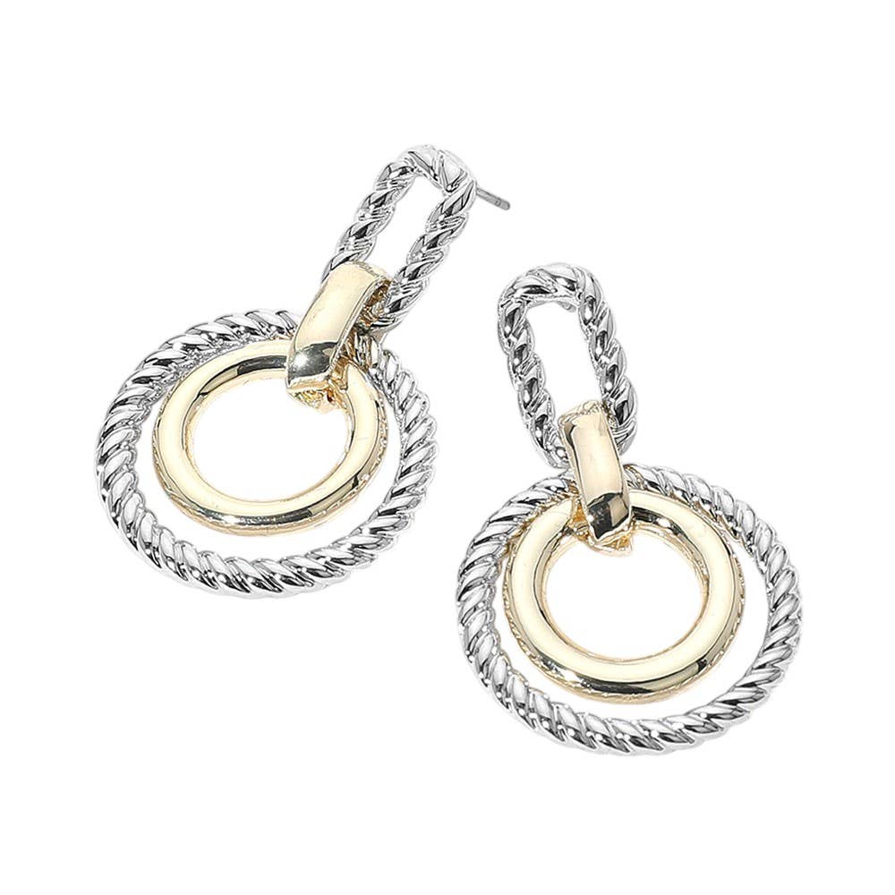 14K Gold Plated Two Tone Textured Geometric Double Hoop Drop Earrings