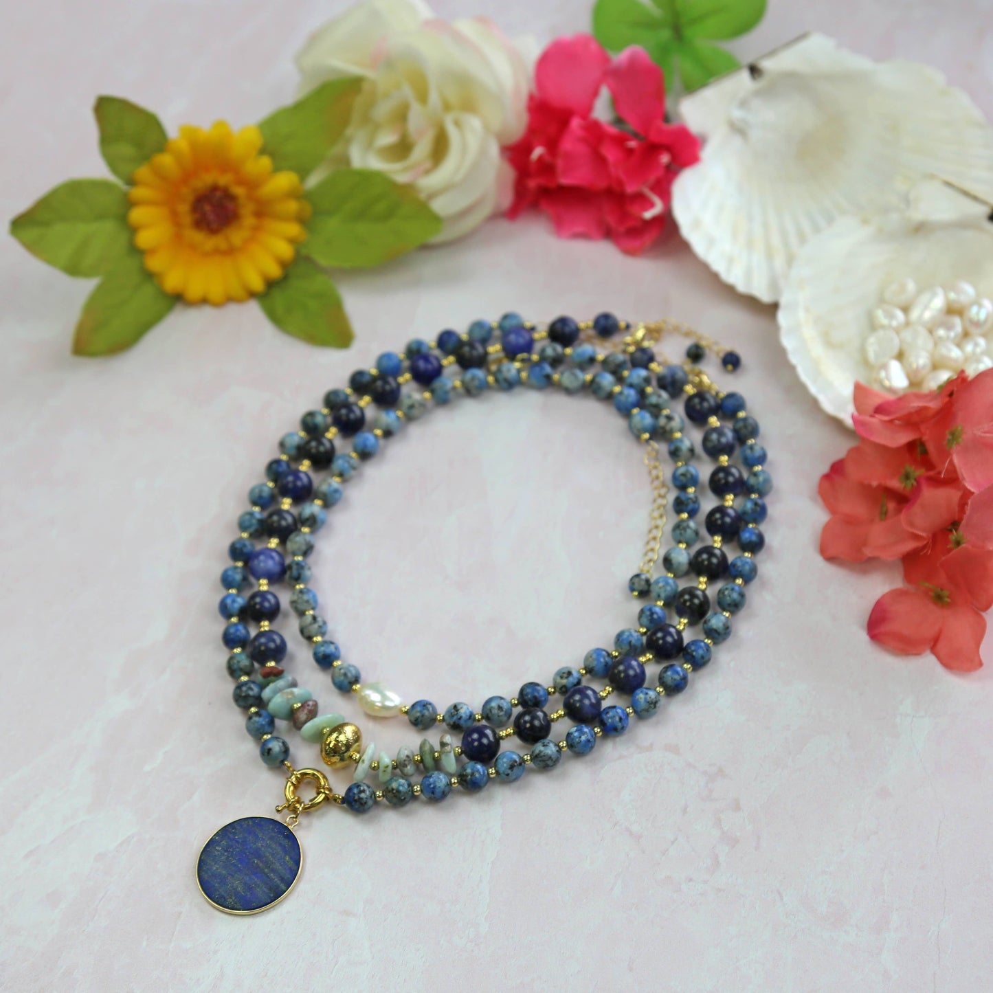 Blue Jasper and Lapis Lazuli Pendant Necklace. Set of Three