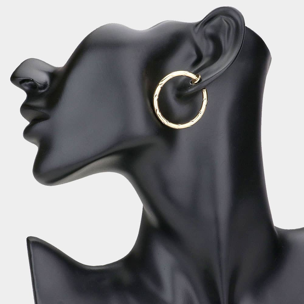 Hypoallergenic Textured Metal Clip On Hoop Earrings: Silver or Gold