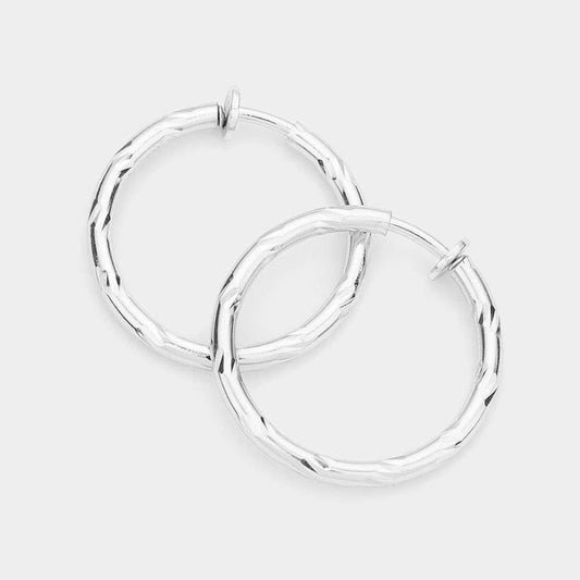 Hypoallergenic Textured Metal Clip On Hoop Earrings: Silver or Gold