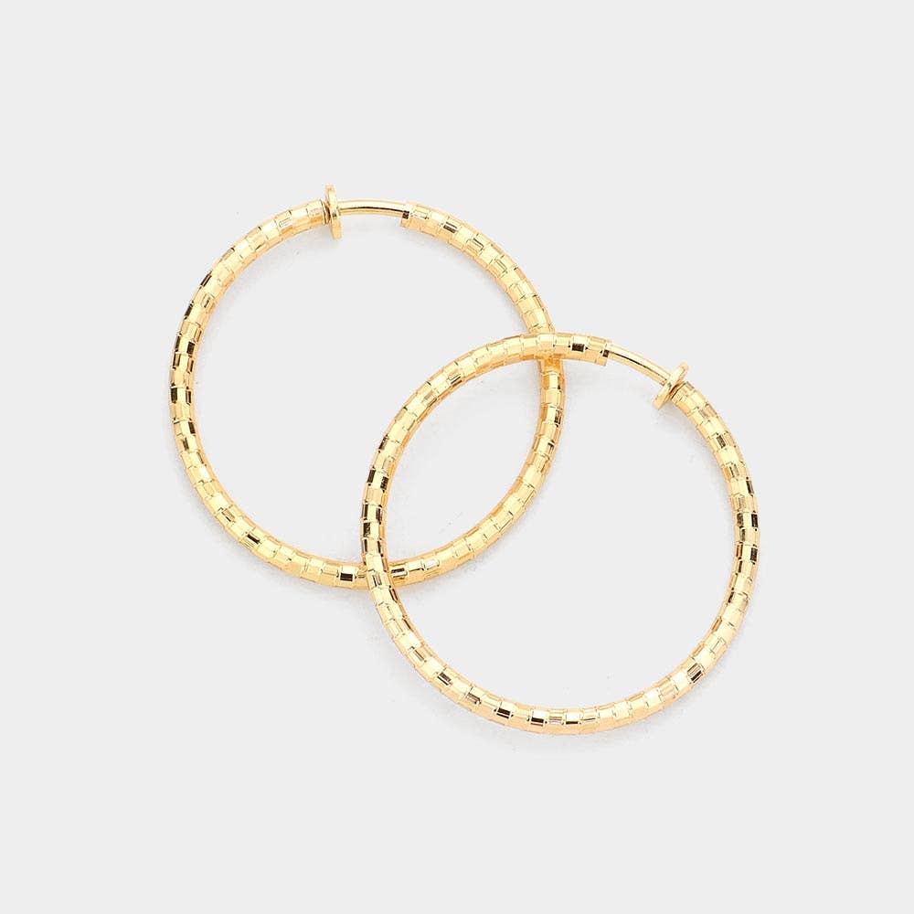 1.75 Inch Metal Hoop Clip On Earrings: Yellow Gold