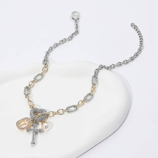 Two Tone 14K Gold Plated CZ Heart Cross Pendant Necklace