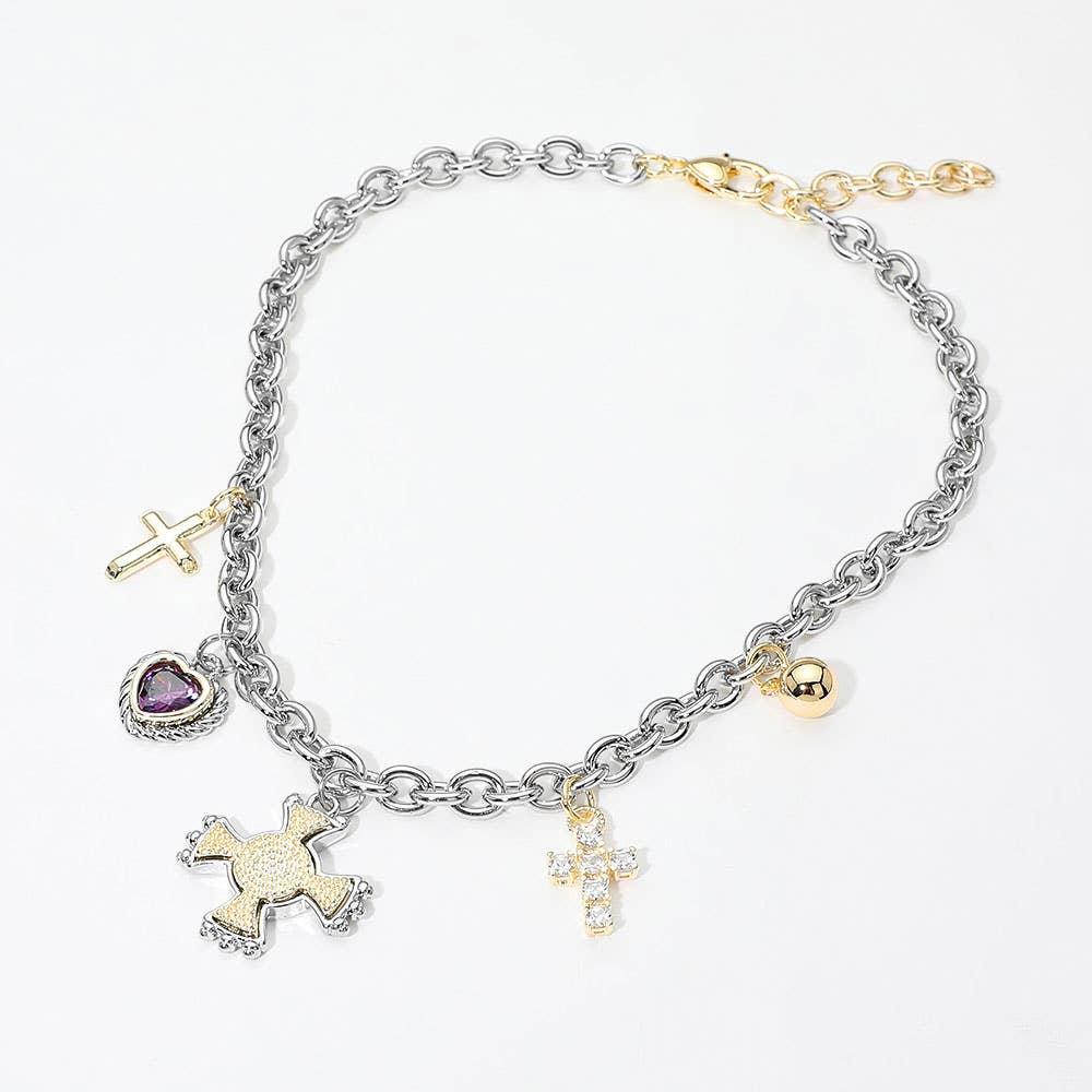 14K Gold Plated CZ Heart Cross Charm Station Necklace
