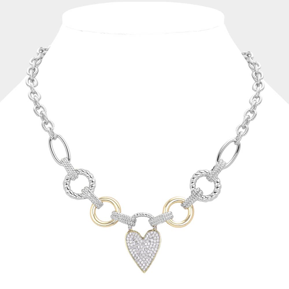 14K Gold Plated Two Tone CZ Stone Paved Heart Necklace