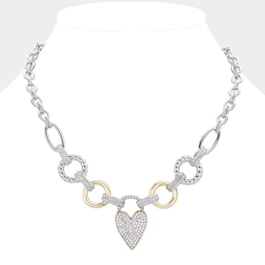 14K Gold Plated Two Tone CZ Stone Paved Heart Necklace