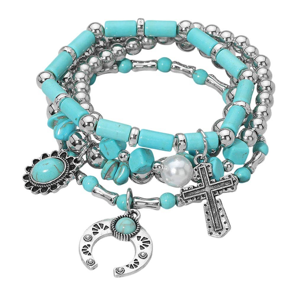 4PCS - Western Boho Cross Turquoise Stone Horseshoe Charm Pearl Beaded Stretch Multi Layered Bracelets
