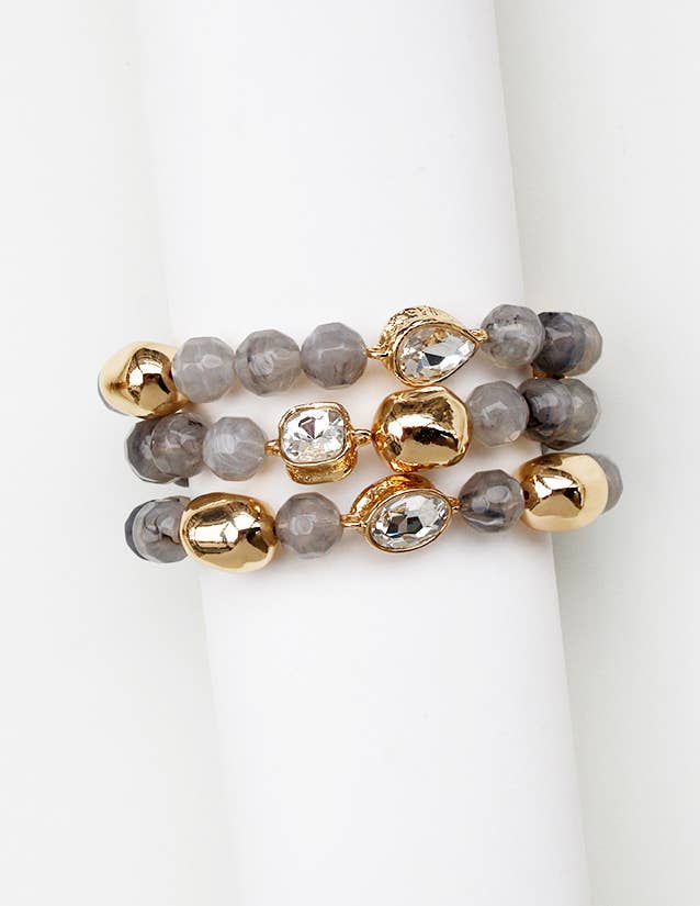 Glam Crystal & Stone Stretch Bracelet Set B-768-Grey