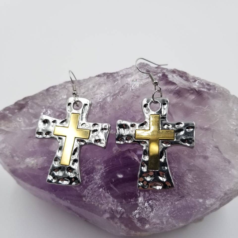 Hammered Silver Gold Layered Cross Earring