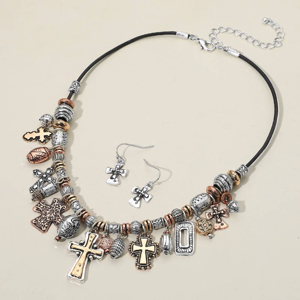 Antique Metal Cross Charm Beaded Necklace
: Mtb