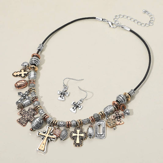 Antique Metal Cross Charm Beaded Necklace
: Mtb