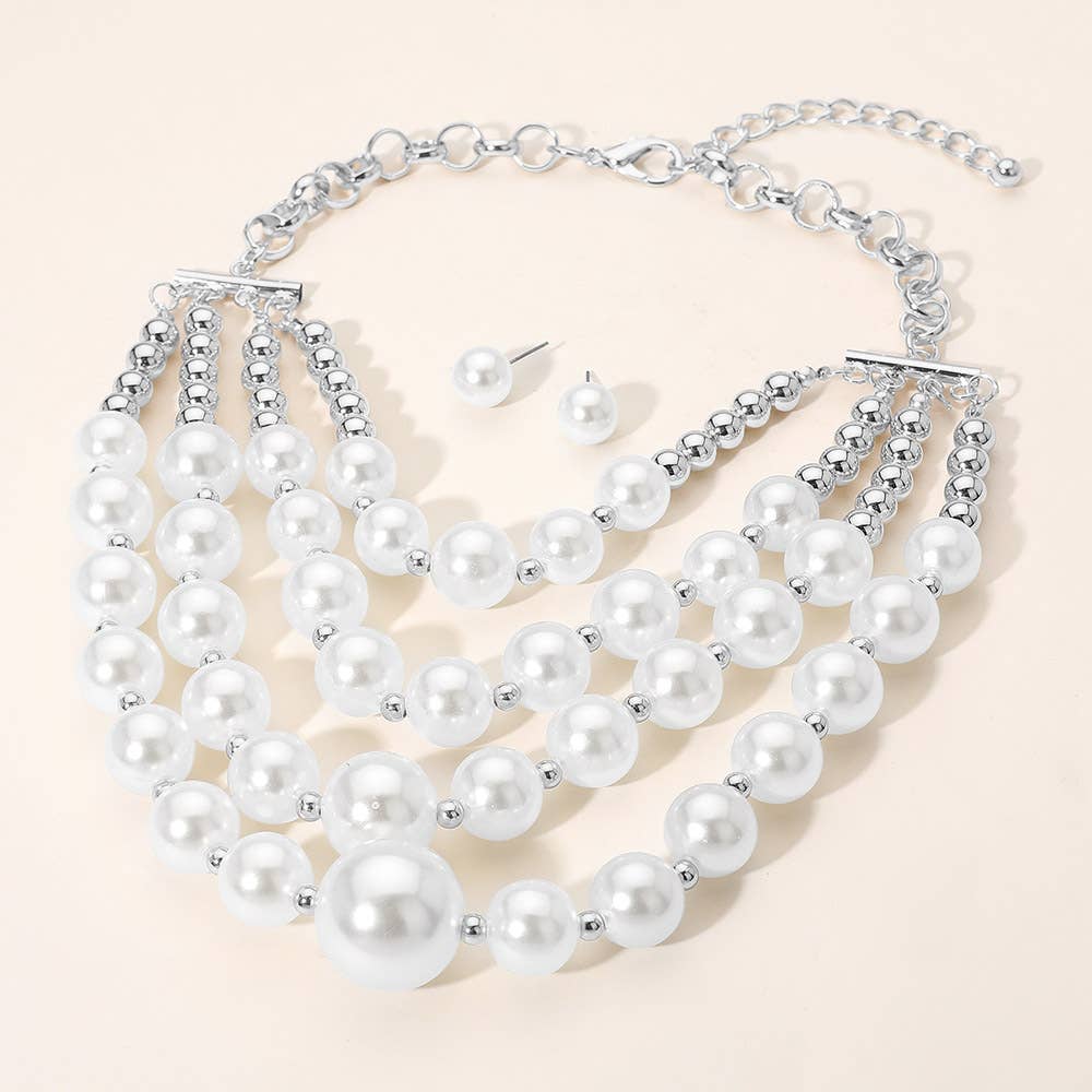 Multi-Layered Pearl Statement Necklace: Rhodium,White