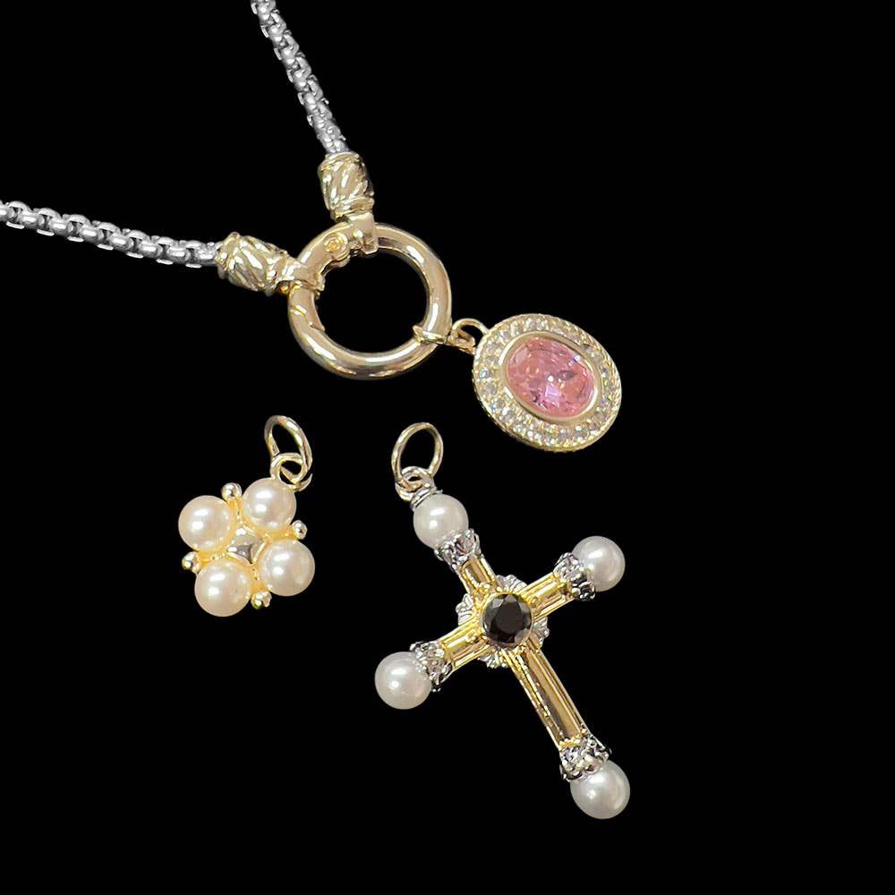 14K Gold Plated Two Tone CZ Stone Pearl Accent Cross Oval Cluster Charm Pendant Necklace