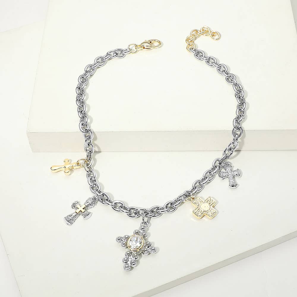 14K Gold Plated Two Tone Oval CZ Accent Cross Charm Station Necklace
