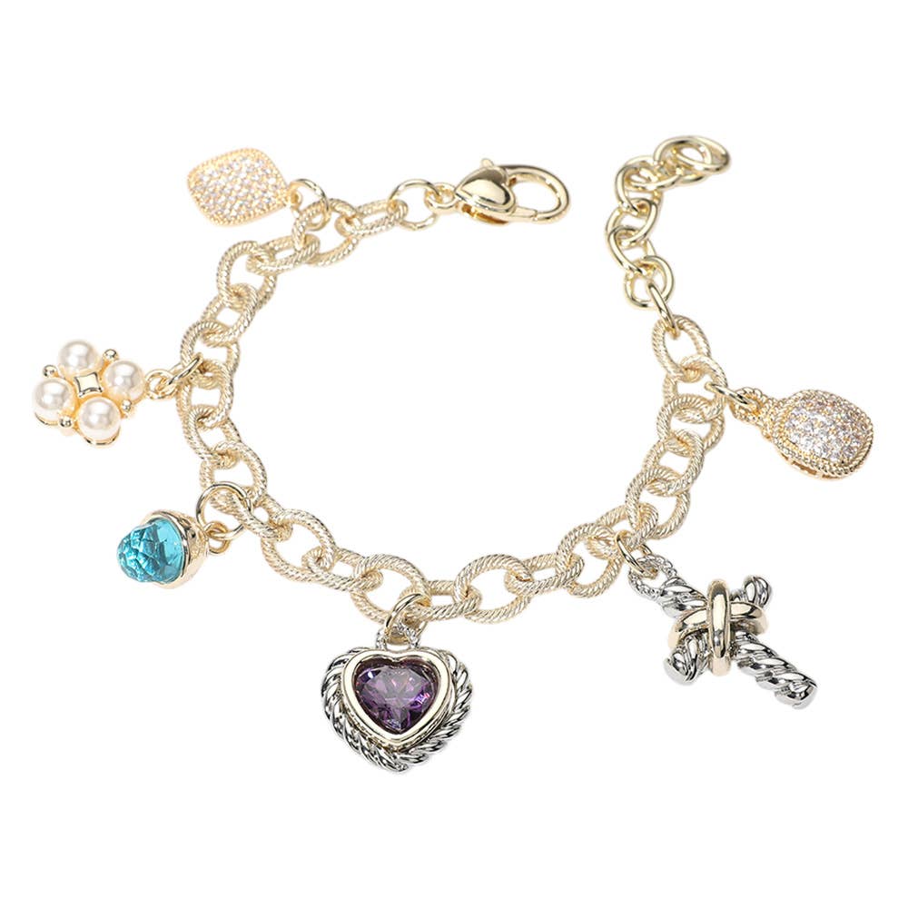 14K Gold Plated CZ Heart Stone Pearl Cluster Metal Bracelet: Gold