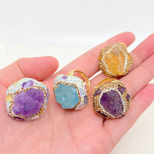 Irregular Crystal Adjustable Ring Inlaid with Rhinestones-CS: Citrine