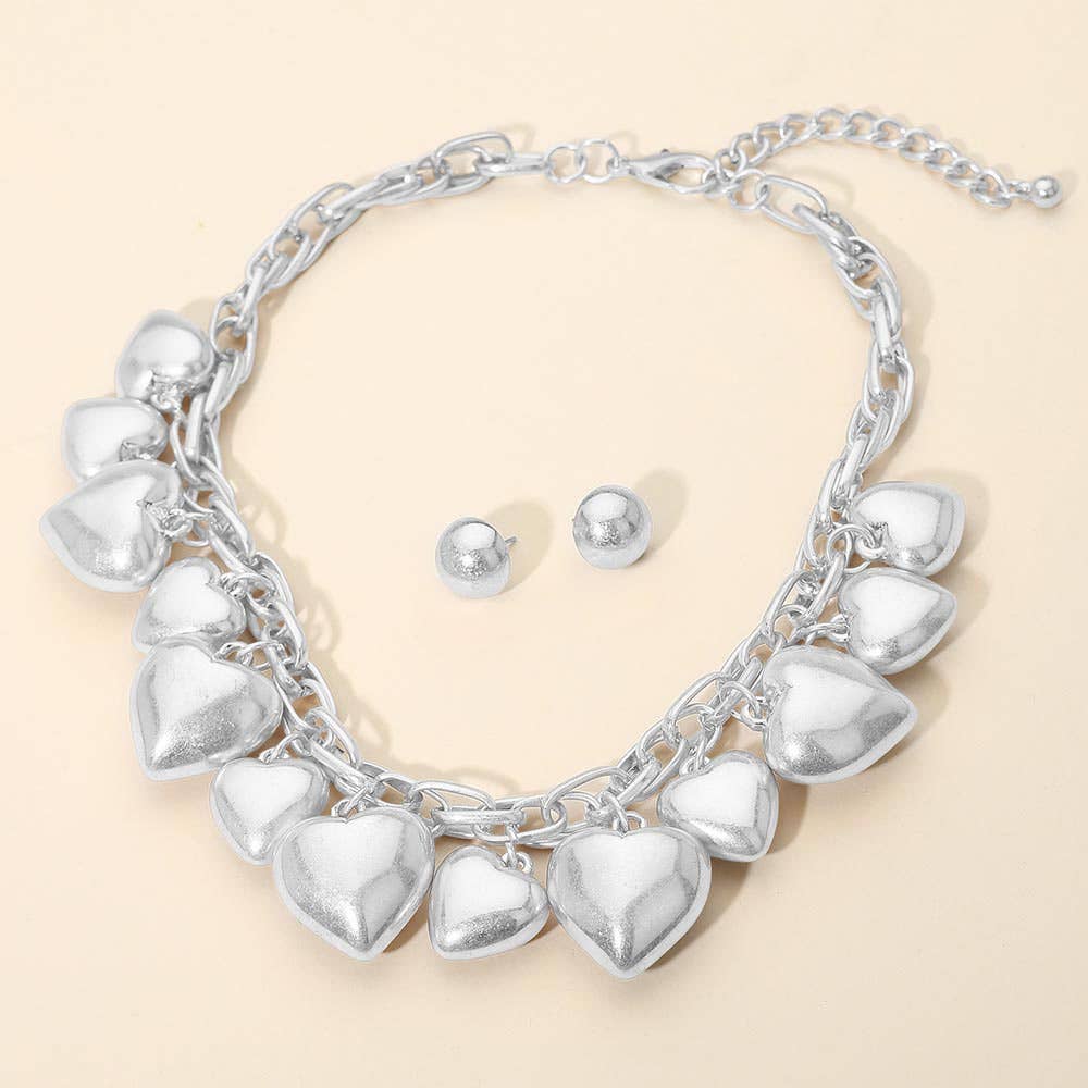 Chunky Puffy Brushed Metal Heart Charm Embellished Necklace: Rhodium