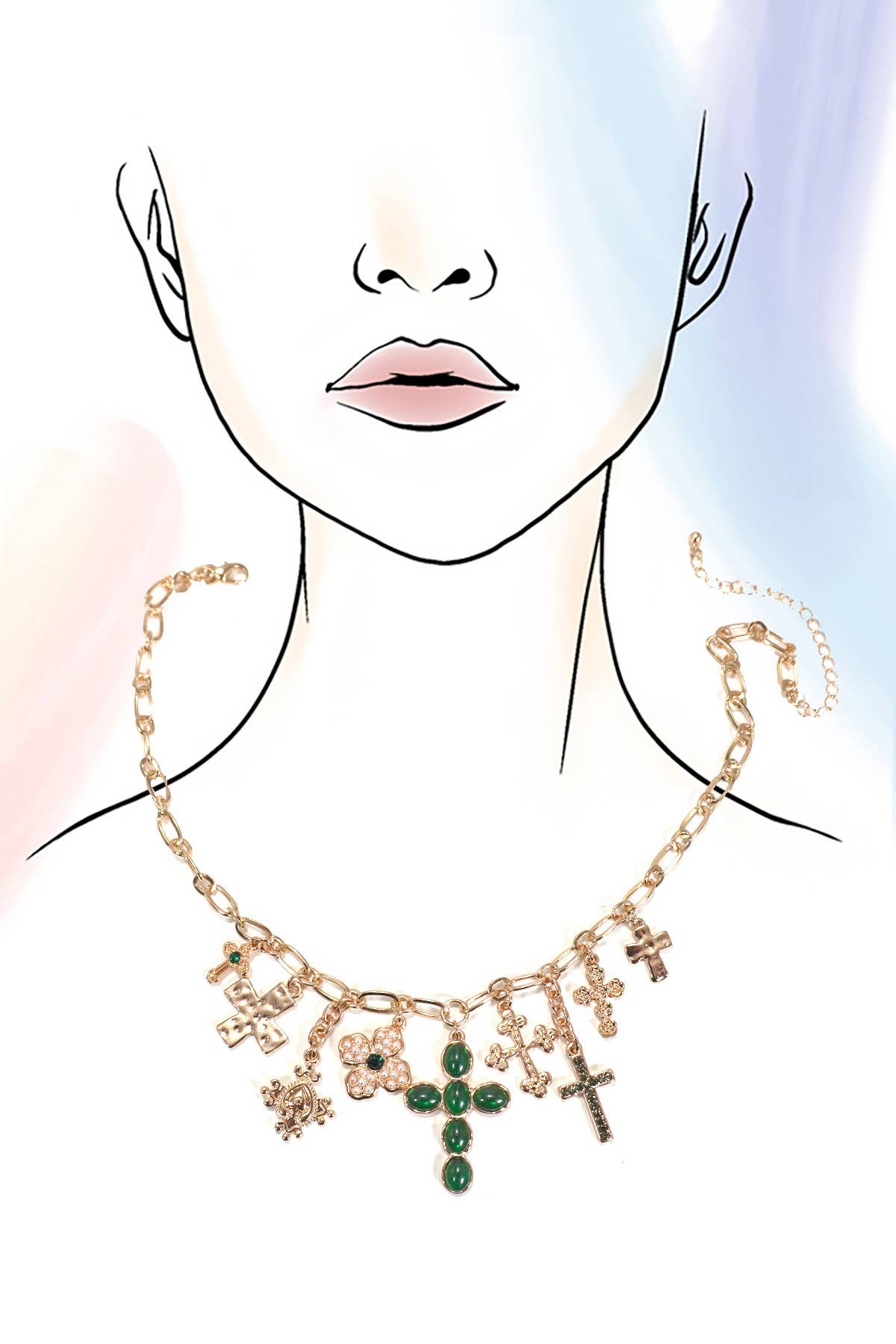 CHARM NECKLACE-MULTI CROSS CHARMS NECKLACE | 80N1290: GOLD