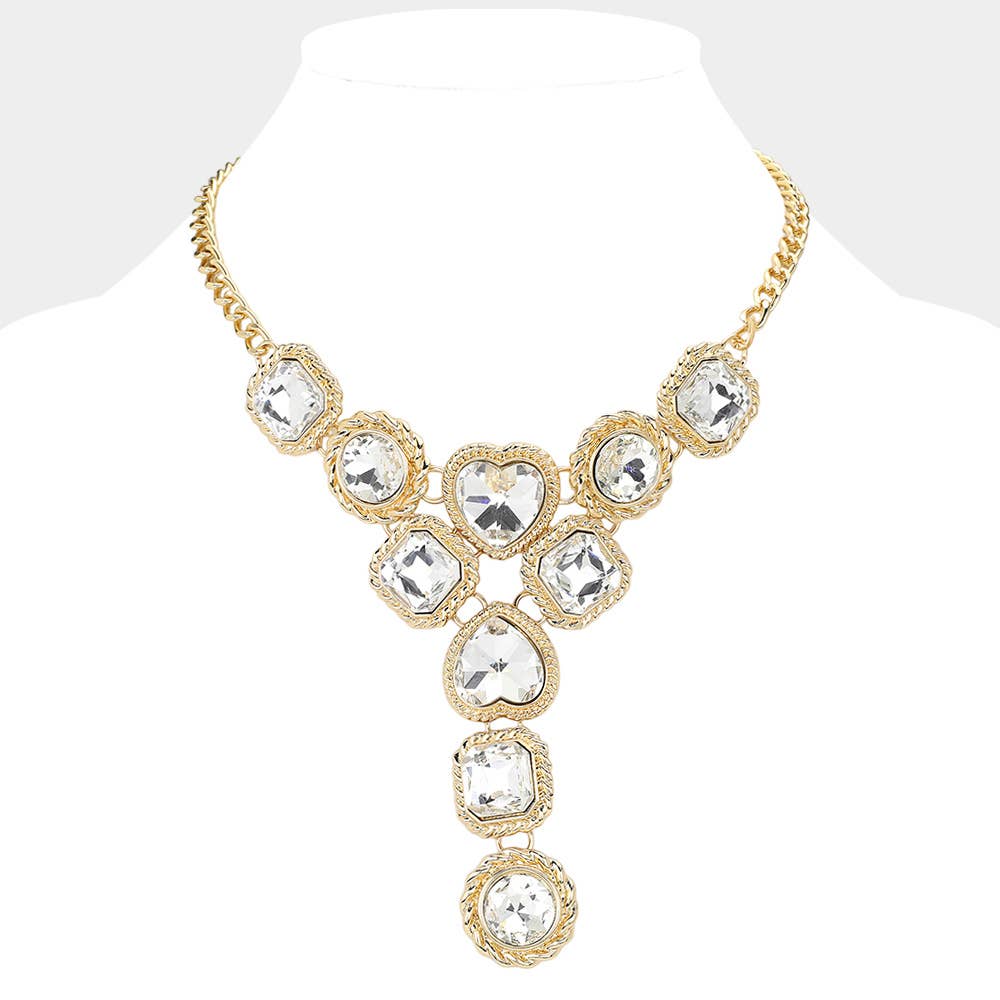 Venetian Stone Cluster Link Y Shaped Statement Necklace: Gold