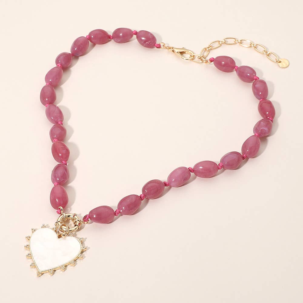 Mother of Pearl Heart Pendant Marbled Resin Oval Beaded Necklace: Brown