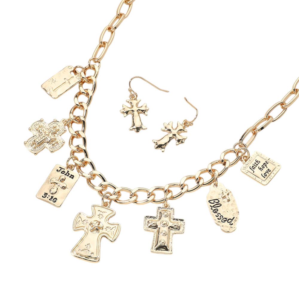 Metal Cross Bible Charm Station Chunky Chain Necklace: Gold or Silver