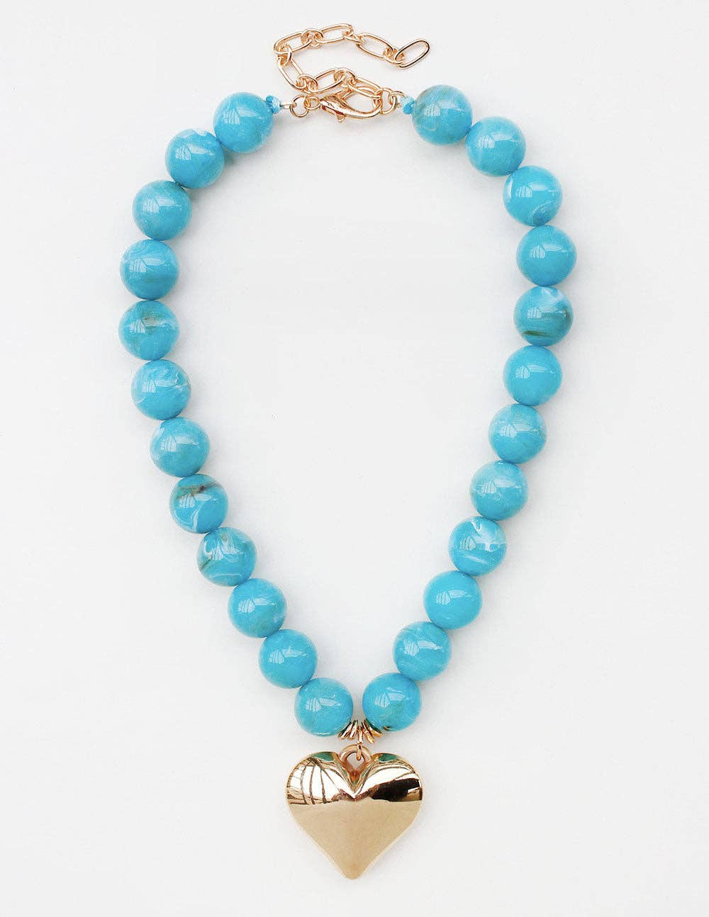 Turquoise 18MM Beaded with Gold Heart Charm 16"-18" Necklace