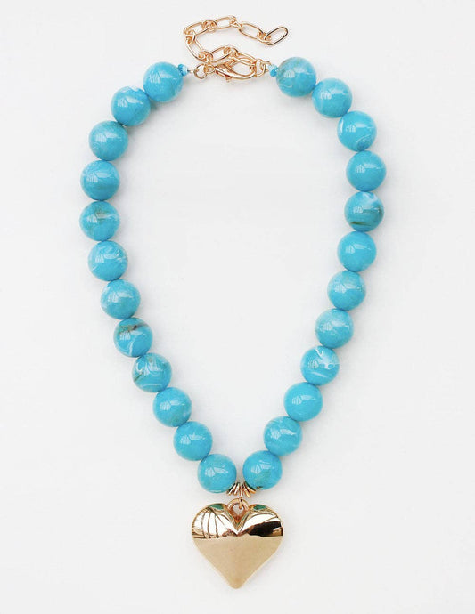 Turquoise 18MM Beaded with Gold Heart Charm 16"-18" Necklace