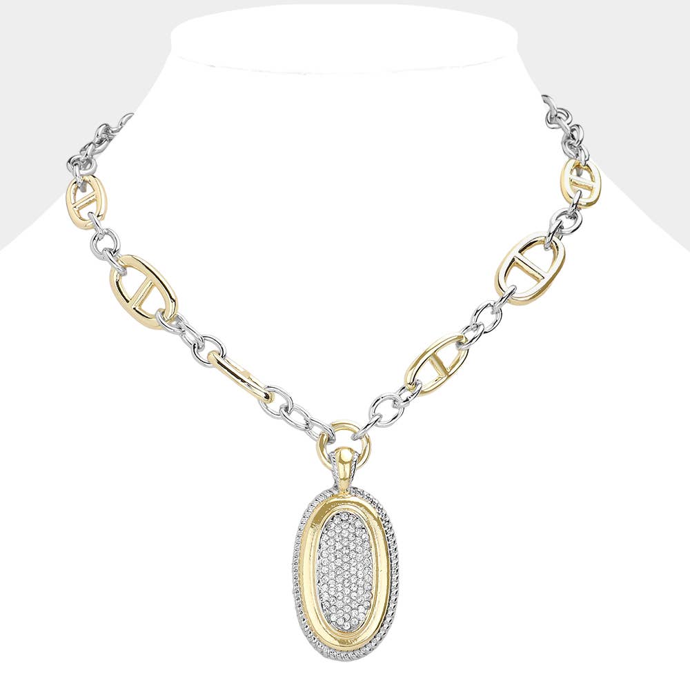 14K Gold Plated Stone Paved Oval Pendant Two Tone Necklace