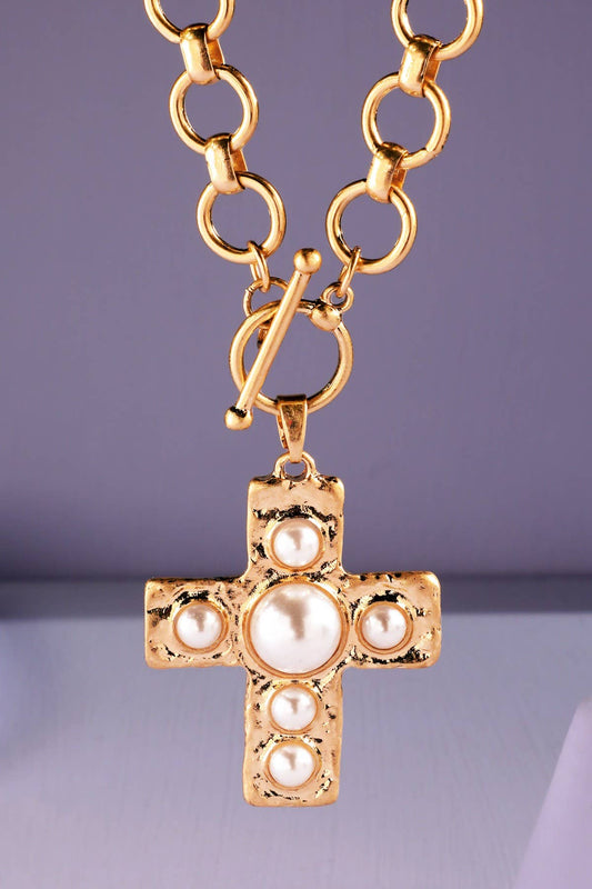 Large Chain Necklace with Cross Pendant : PEARL(PR)
