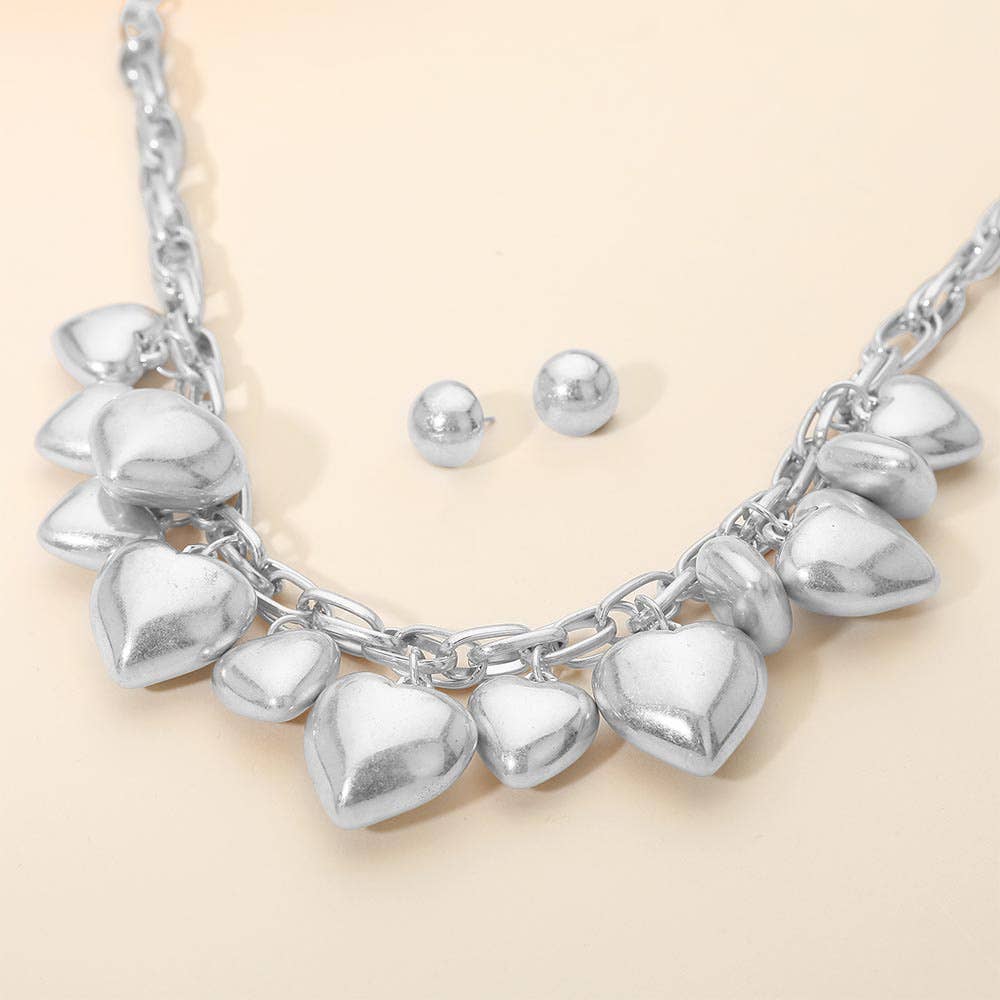 Chunky Puffy Brushed Metal Heart Charm Embellished Necklace: Rhodium