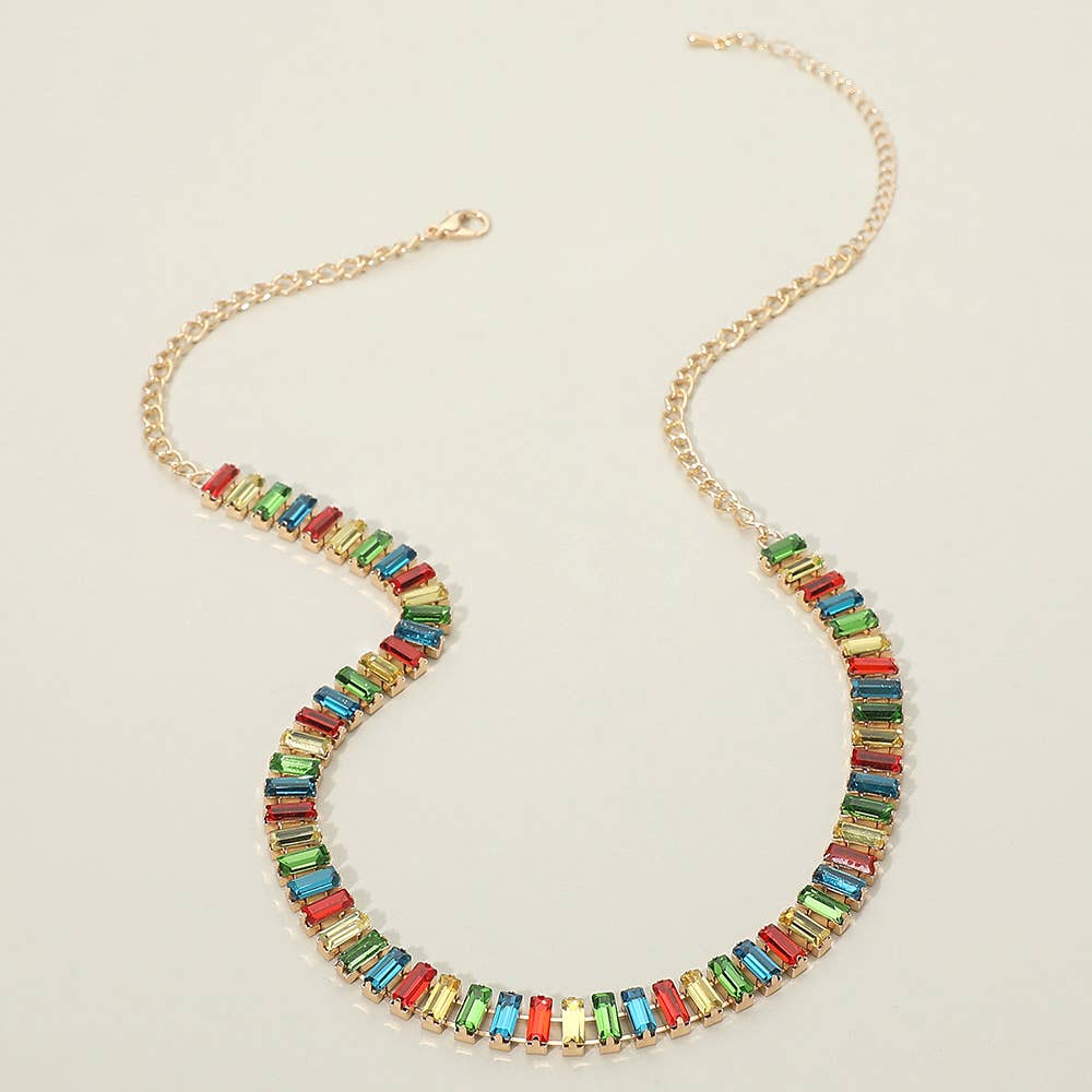 Baguette Stone Cluster Link Accent Necklace: Gold,Multi Or Blue