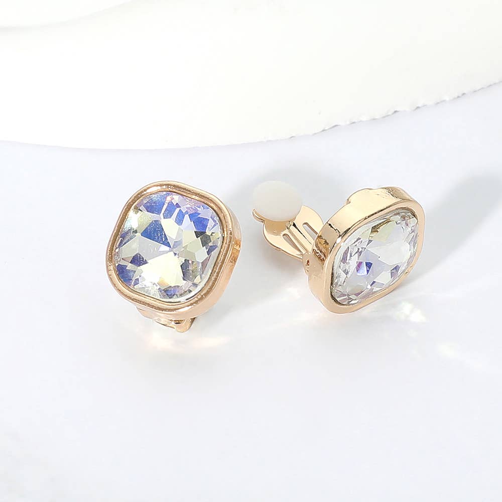 Square Cut Gem Evening Stud Clip On Earrings: Clear,Gold
