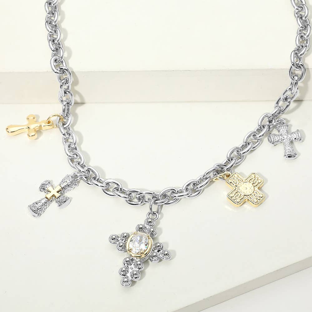 14K Gold Plated Two Tone Oval CZ Accent Cross Charm Station Necklace