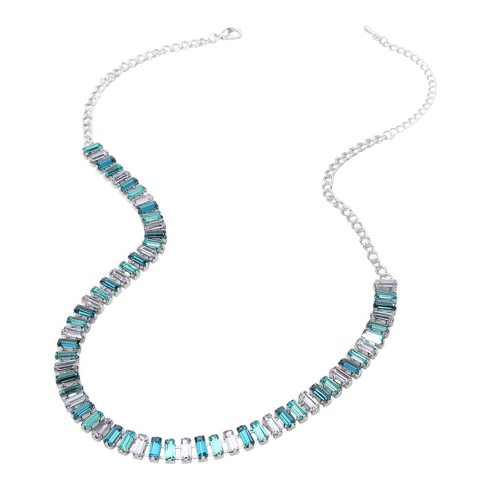 Baguette Stone Cluster Link Accent Necklace: Gold,Multi Or Blue