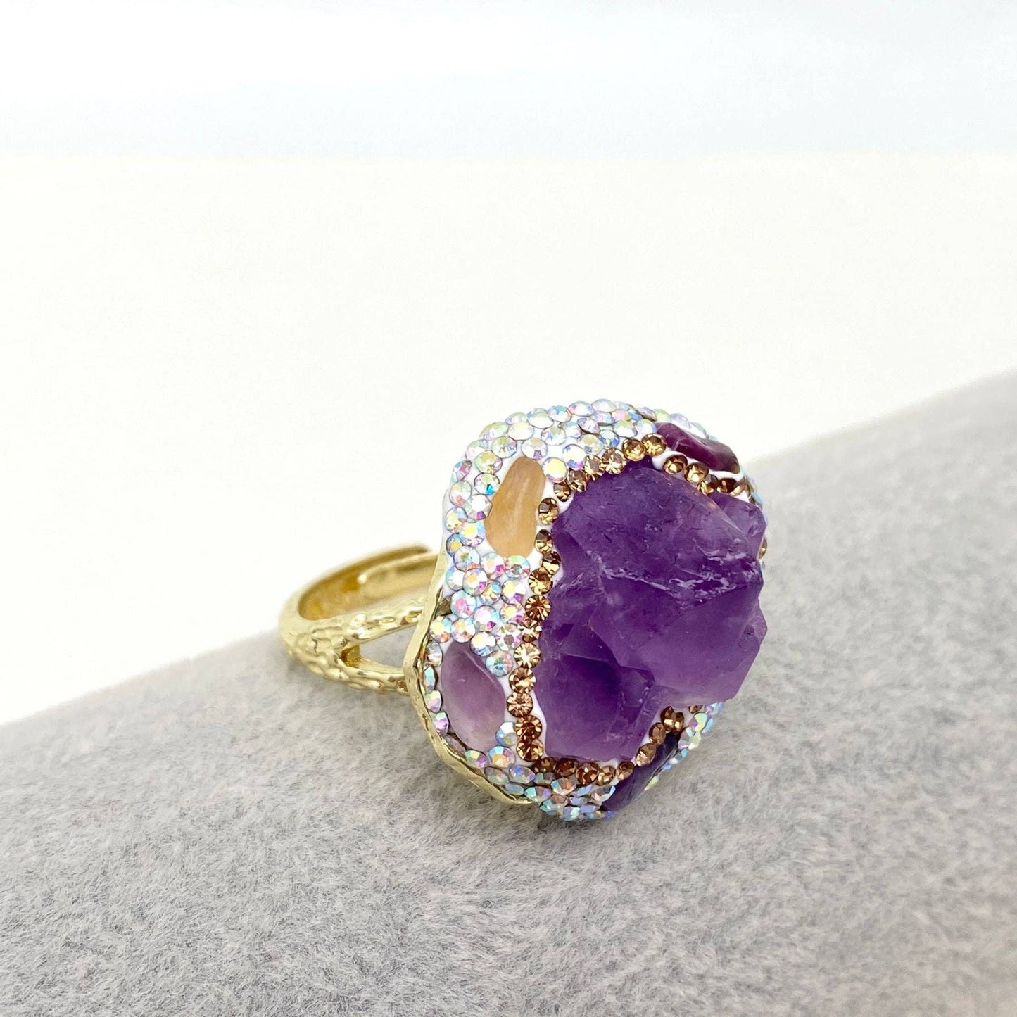 Irregular Crystal Adjustable Ring Inlaid with Rhinestones-CS: Citrine