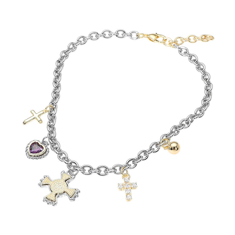 14K Gold Plated CZ Heart Cross Charm Station Necklace