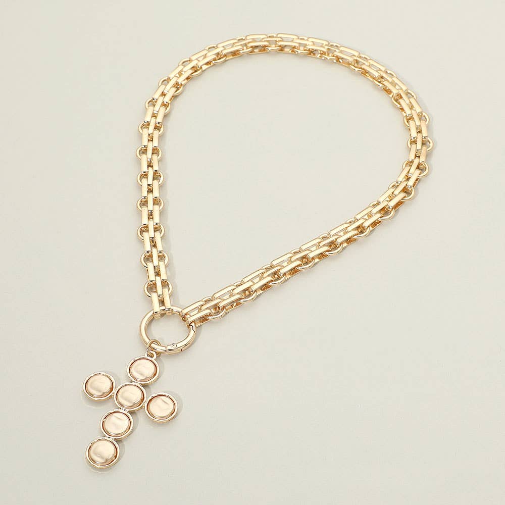 Pearl Cross Charm Pendant Chunky Chain Statement Necklace: Gold, Brown, Pearl