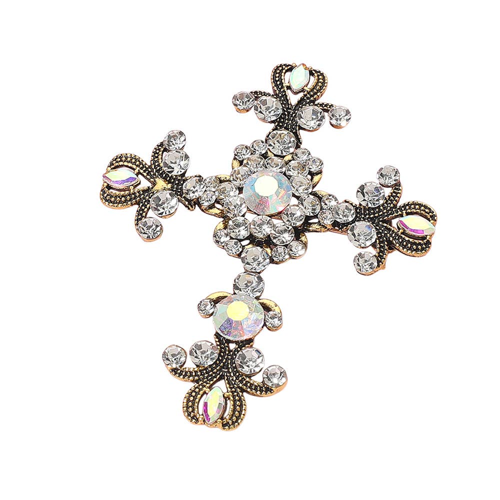 Elegant Stone Embellished Cross Pin Brooch: Clear,Gold