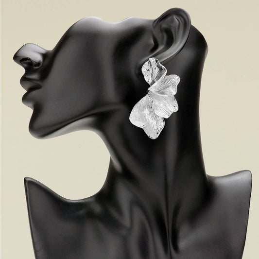 Textured Metal Leaf Petal Drop Statement Earrings: Rhodium
