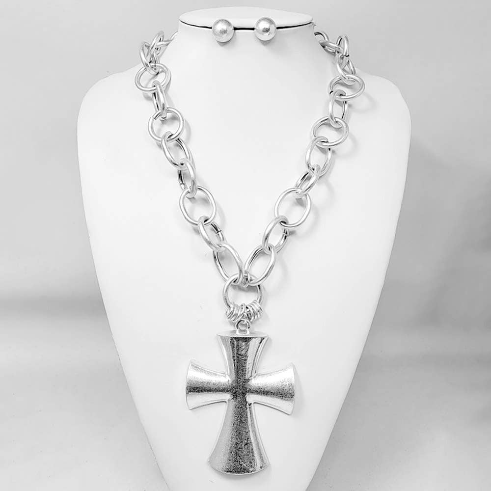 Chunky Matte Metal Cross Pendant Pointed Chain Necklace: Gold