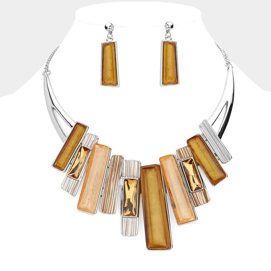 Rectangle Stone Pointed Colored Metal Necklace: Brown