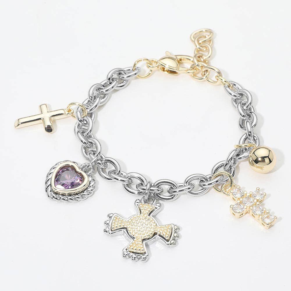 14K Gold Plated CZ Heart Cross Charm Station Bracelet