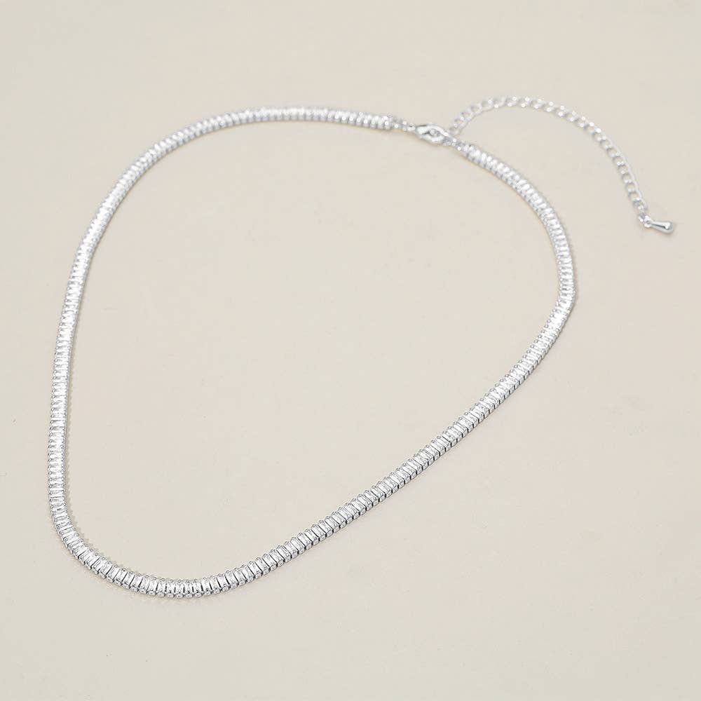 18K Gold Dipped Baguette Tennis Chain Necklace: Clear,Silver