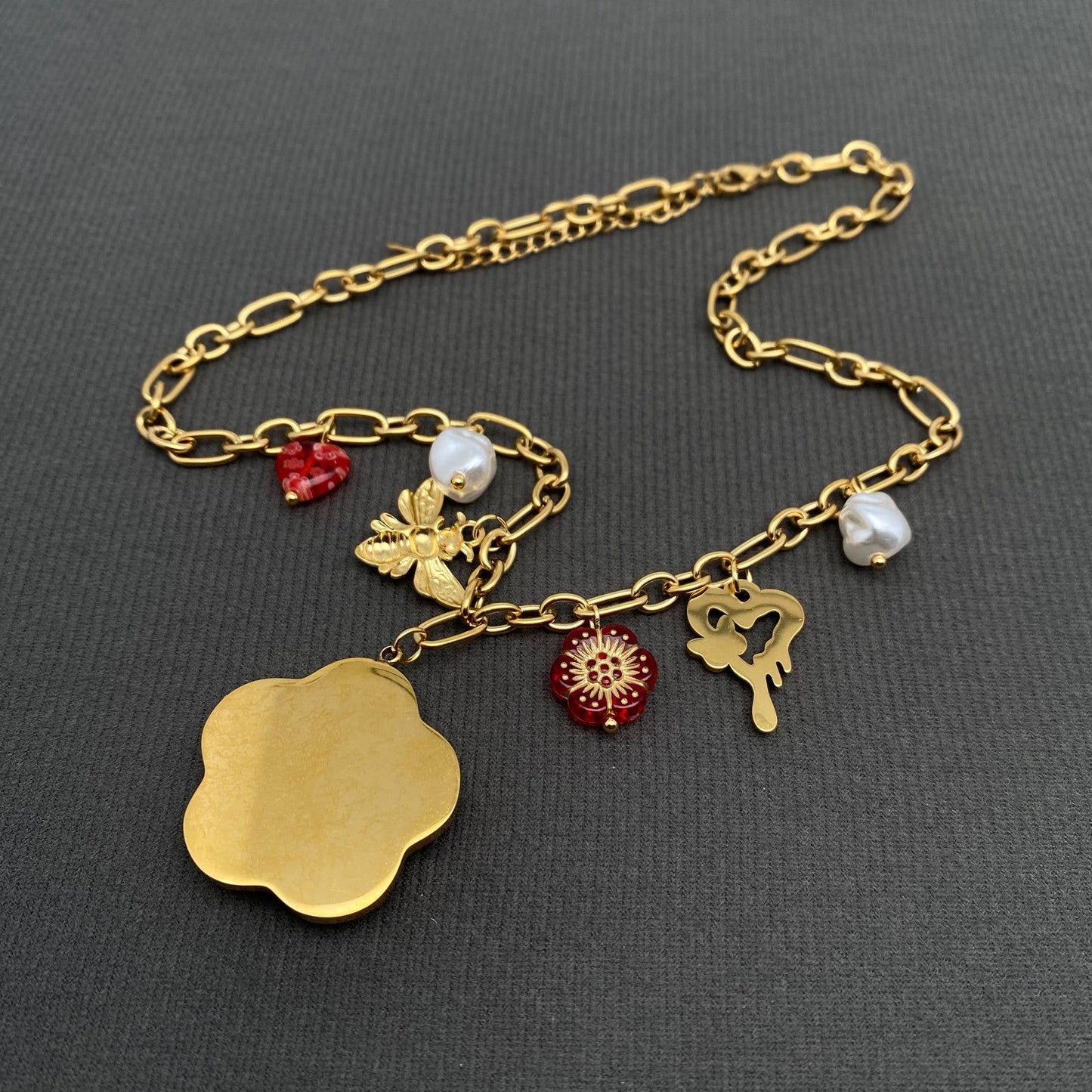 Red Flower Bee 18K Gold Plated S.Steel Charm Necklace - FGS