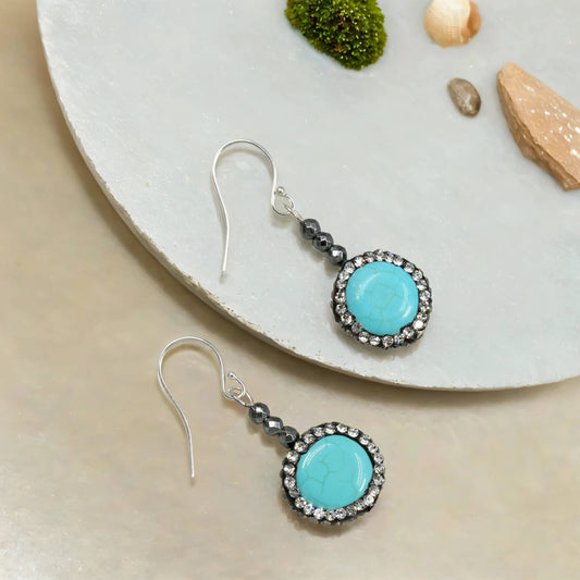 Faceted Hematite and Turquoise Earrings : Magnesite Turquoise