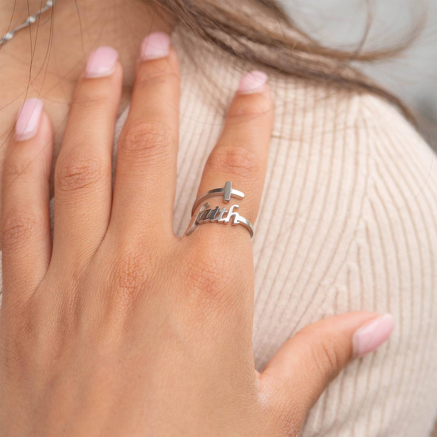 18K Gold PVD Adjustable "Faith" Ring: Stainless / 9