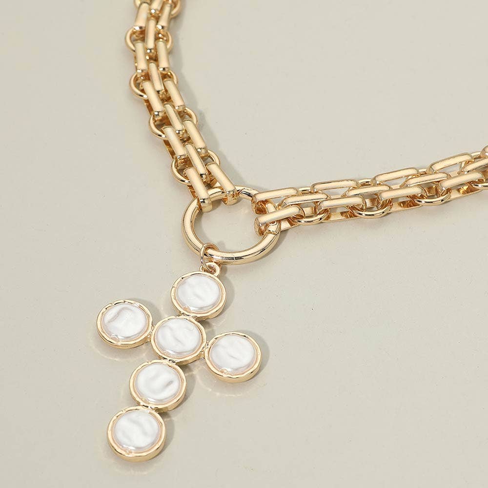 Pearl Cross Charm Pendant Chunky Chain Statement Necklace: Gold, Brown, Pearl