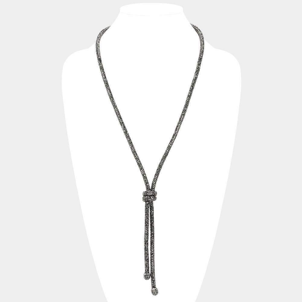 Bling Studded Knot Pointed Long Necklace: HEMATITE